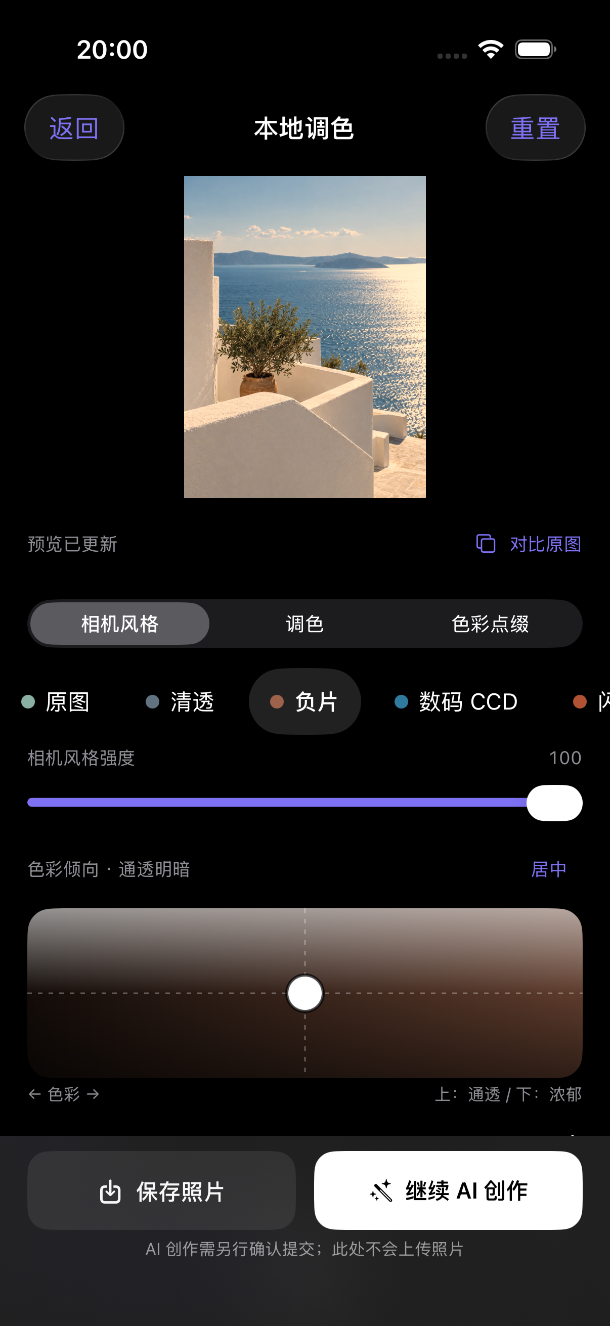 Actual ZION iPhone local color editor showing a demonstration image and the negative look selected. Interface shown in Chinese.